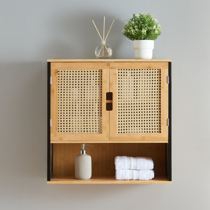 Armadio da Parete Tervola per Bagno in Bambù - Nero / Naturale / Effetto Rattan [en.casa]