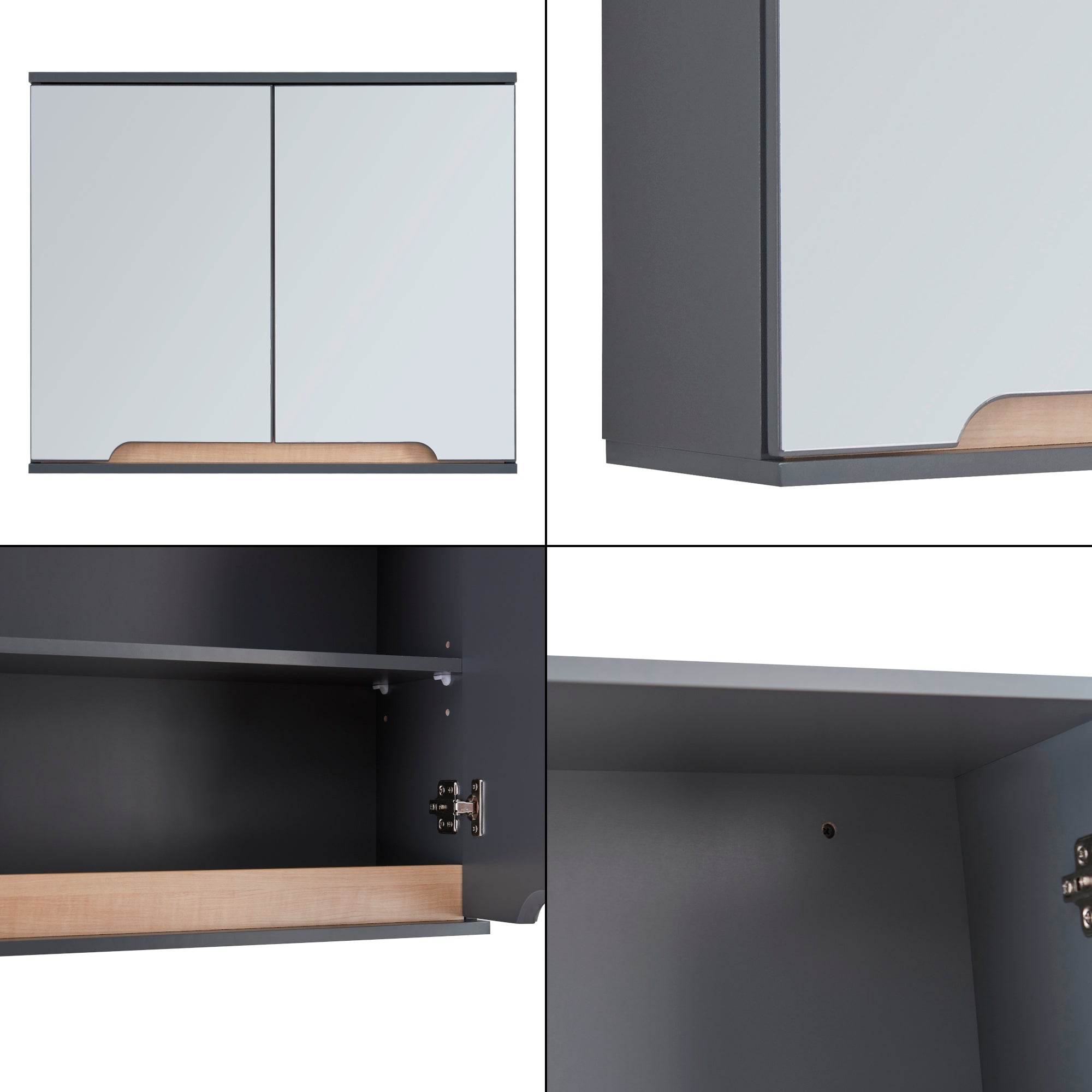 Armadietto Pensile Gescher con 2 Ante a Specchio - Grigio / Effetto Legno [en.casa]