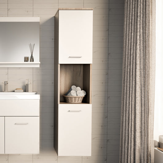Mobile a Colonna Krildihana da Parete Pensile da Bagno 131 x 30 x 30 cm - Effetto Rovere / Bianco [en.casa]