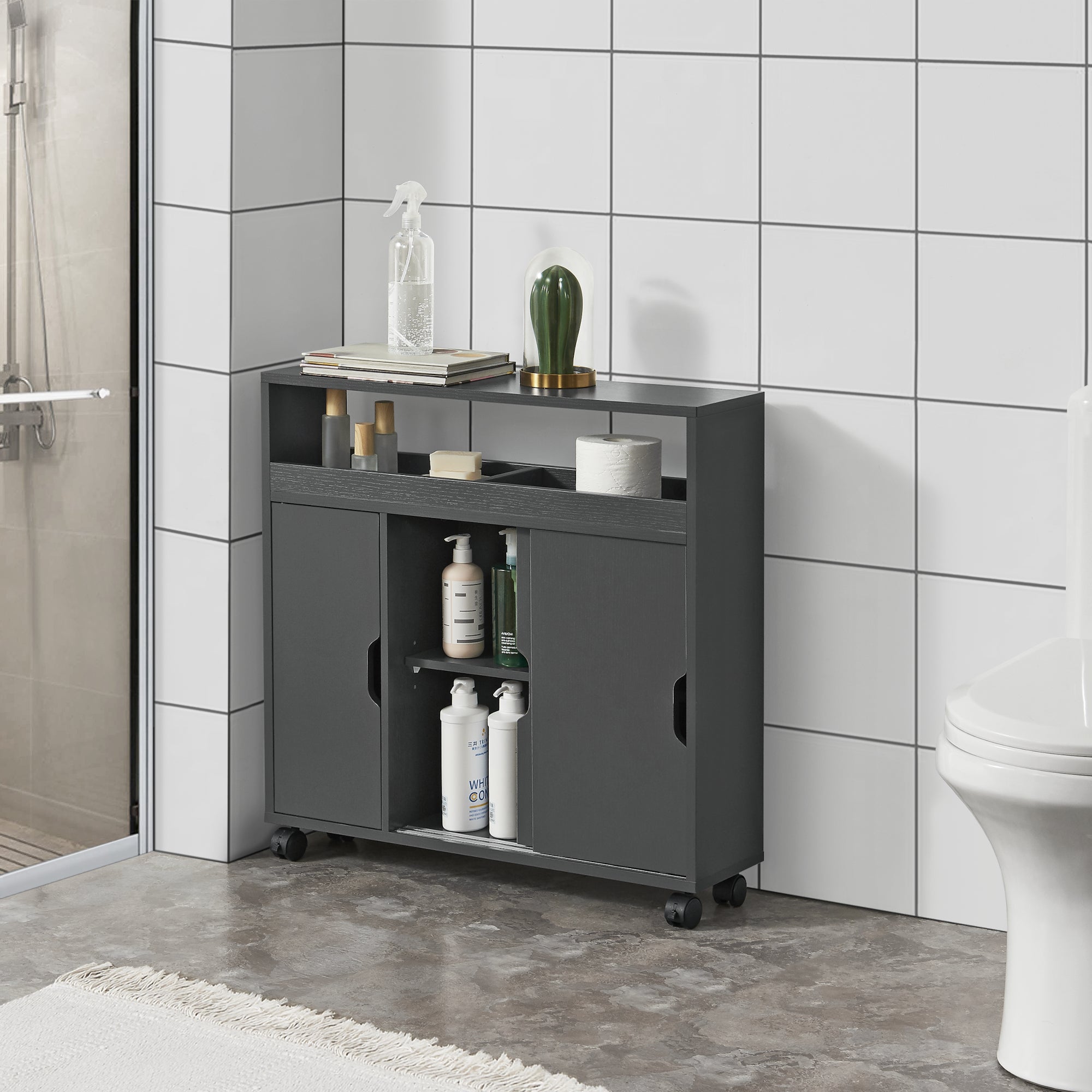 Mobile da Terra Lumijoki con Ante Scorrevoli e 4 Ruote 71x70x20 cm - Grigio Scuro [en.casa]
