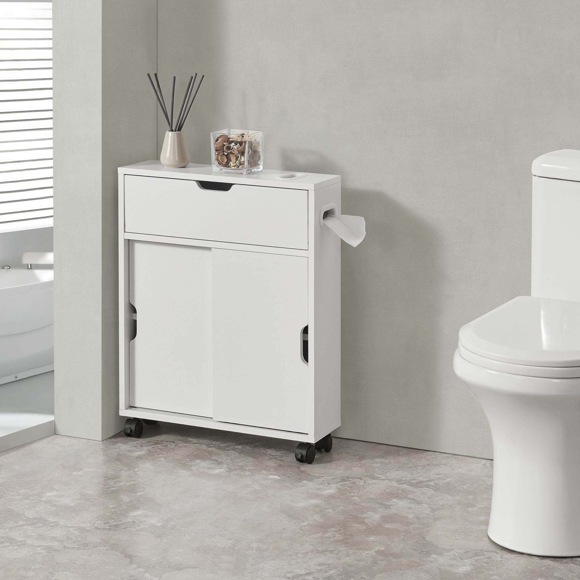 Mobile da Terra Kempele con Ante e 4 Ruote per Bagno 67x52x17 cm - Bianco [en.casa]