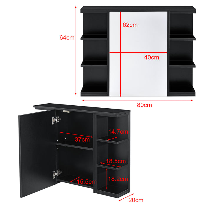 Armadietto da Muro Harstad per Bagno con Specchio Anta e Ripiani Laterali 64x80x20 cm - Nero [en.casa]