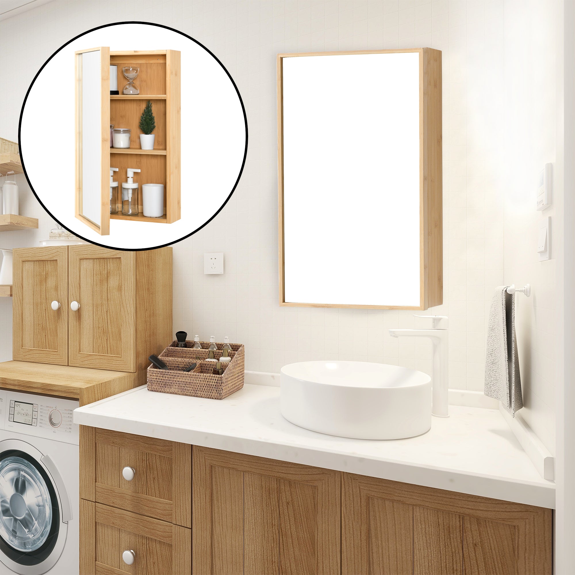 Armadietto Pensile da Bagno 'Ikorfat' Mobile in Bambù con Anta a Specchio e 2 Ripiani [en.casa]