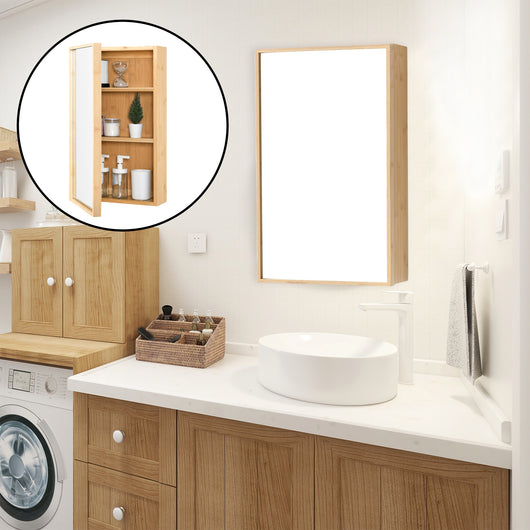 Armadietto Pensile da Bagno 'Ikorfat' Mobile in Bambù con Anta a Specchio e 2 Ripiani [en.casa]