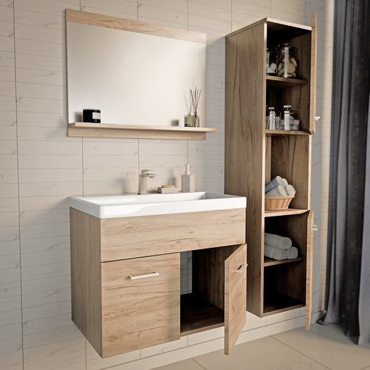 Set da Bagno Krildihana Mobile Sottolavabo con Lavabo Armadio a Colonna e Specchio - Effetto Rovere [en.casa]