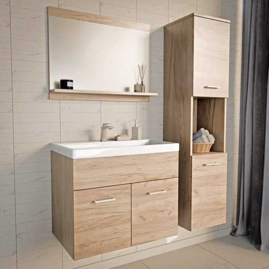 Set da Bagno Krildihana Mobile Sottolavabo con Lavabo Armadio a Colonna e Specchio - Effetto Rovere [en.casa]