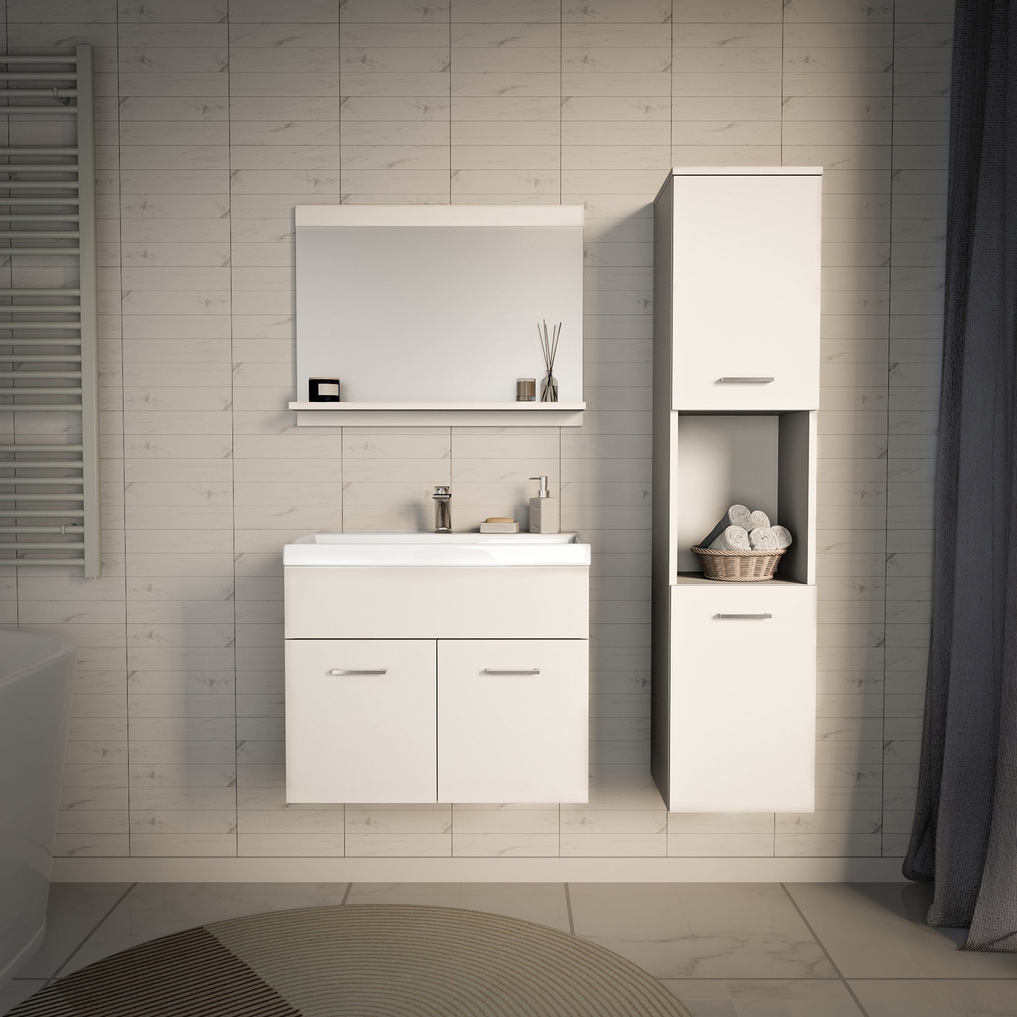 Set da Bagno Krildihana Mobile Sottolavabo con Lavabo Armadio a Colonna e Specchio - Bianco [en.casa]