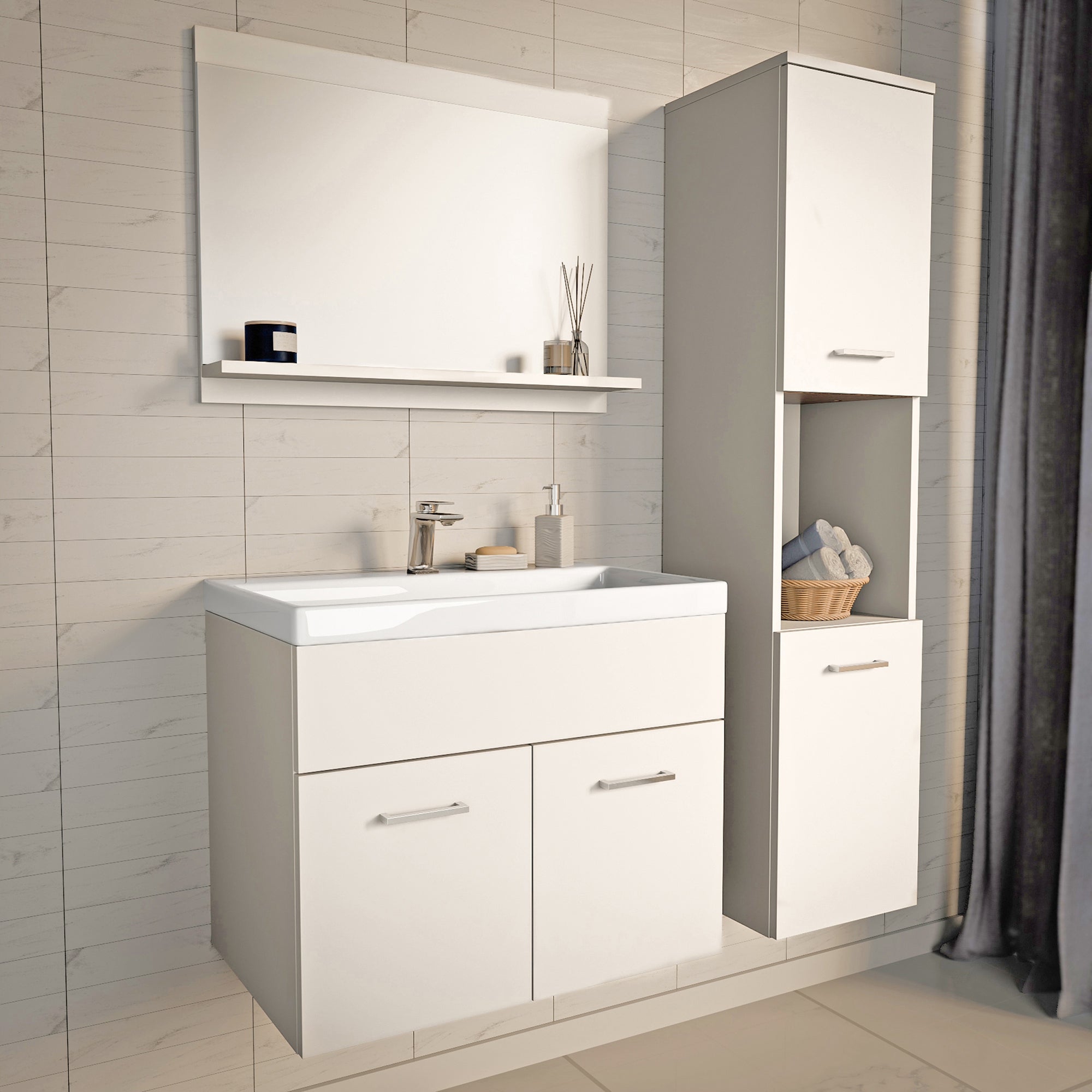Set da Bagno Krildihana Mobile Sottolavabo con Lavabo Armadio a Colonna e Specchio - Bianco [en.casa]