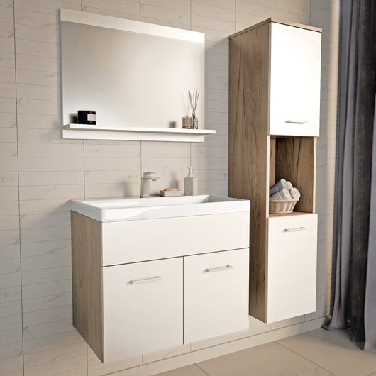 Set da Bagno Krildihana Mobile Sottolavabo con Lavabo Armadio a Colonna e Specchio - Effetto Rovere/Bianco [en.casa]