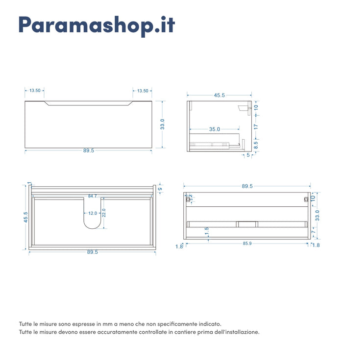 Mobile bagno sospeso modulare 90 cm bianco opaco due cassetti con top | Bako