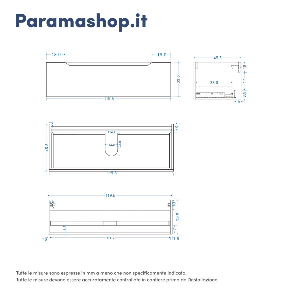 Mobile bagno sospeso 120 cm grigio opaco un cassettone con top | Bako