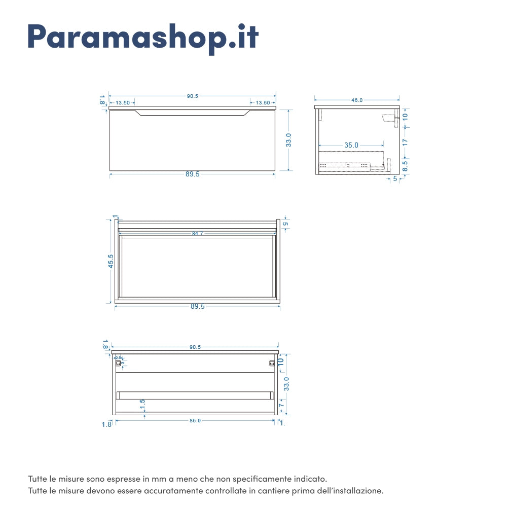 Mobile bagno sospeso modulare 90 cm grigio opaco due cassetti con top | Bako