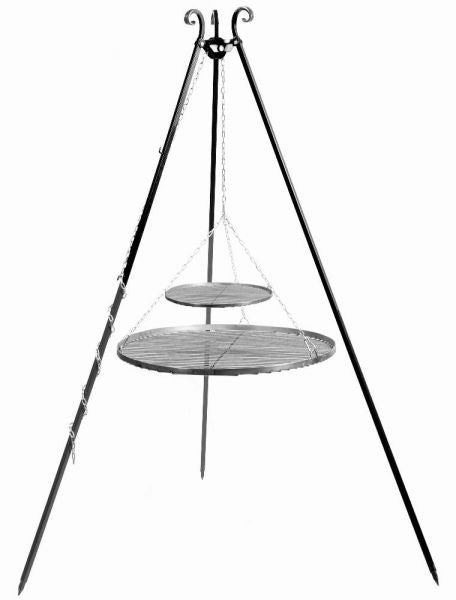Barbecue Treppiede da 180 cm con 2 griglie in acciaio naturale 70 cm + 40 cm
