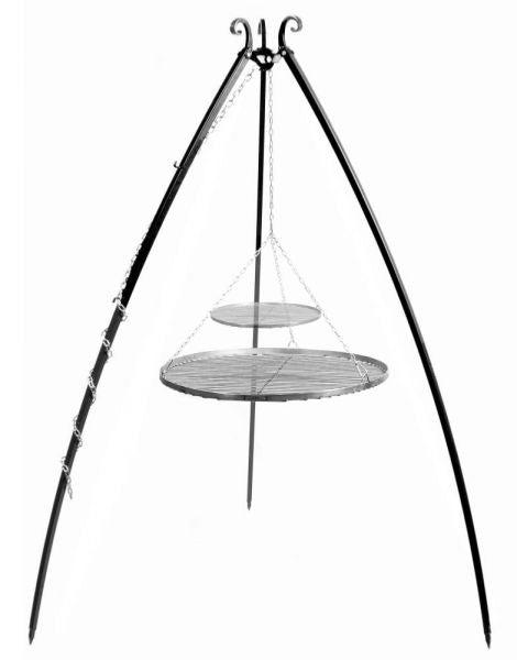 Barbecue Treppiede da 200 cm con 2 griglie in acciaio naturale 70 cm + 40 cm