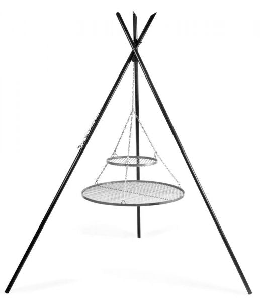 Barbecue Treppiede “TIPI” da 210 cm con 2 Griglie in Acciaio Inox 70 cm + 40 cm