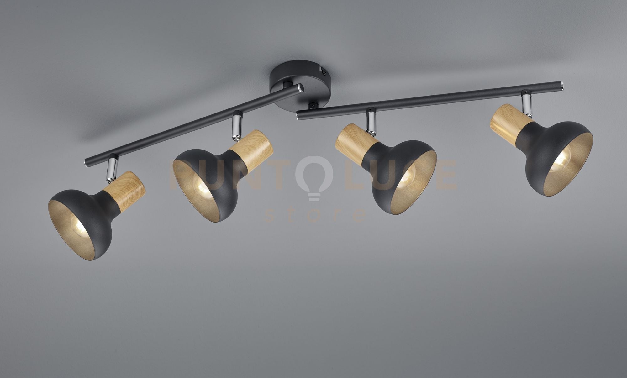 LATIKA BARRA 4 SPOTS METALLO NERO ED EFFETTO LEGNO L. 71CM ATTACCO E14