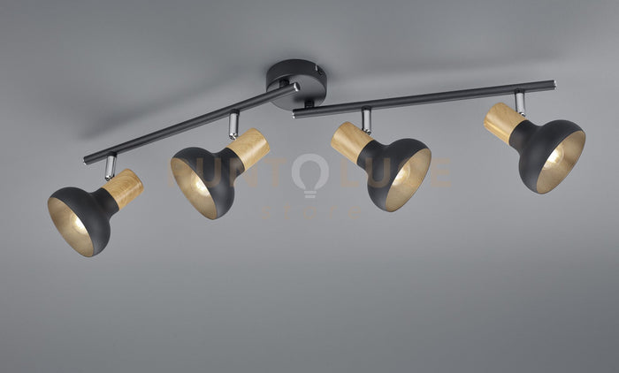 LATIKA BARRA 4 SPOTS METALLO NERO ED EFFETTO LEGNO L. 71CM ATTACCO E14