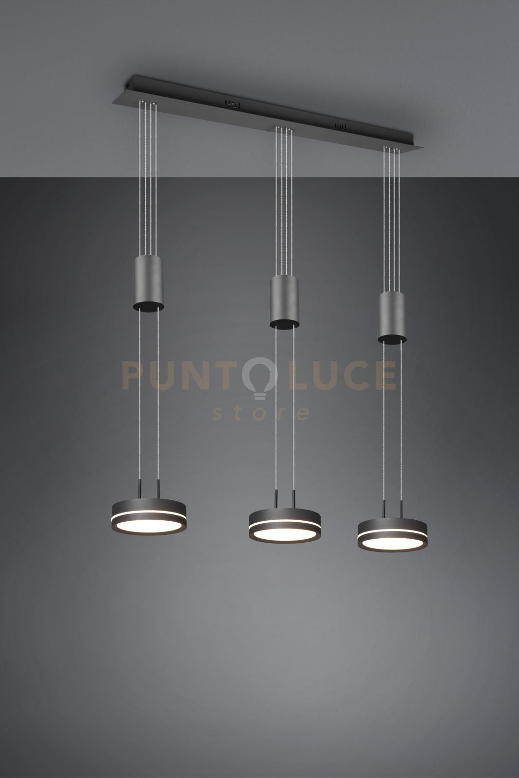 FRANKLIN BARRA 3 SOSPENSIONI LED 27W 3150lm, 3000K REGOLABILE IN ALTEZZA CON BILANCIERI ANTRACITE DIMMERABILE CON INTERRUTTORE  L. 85CM