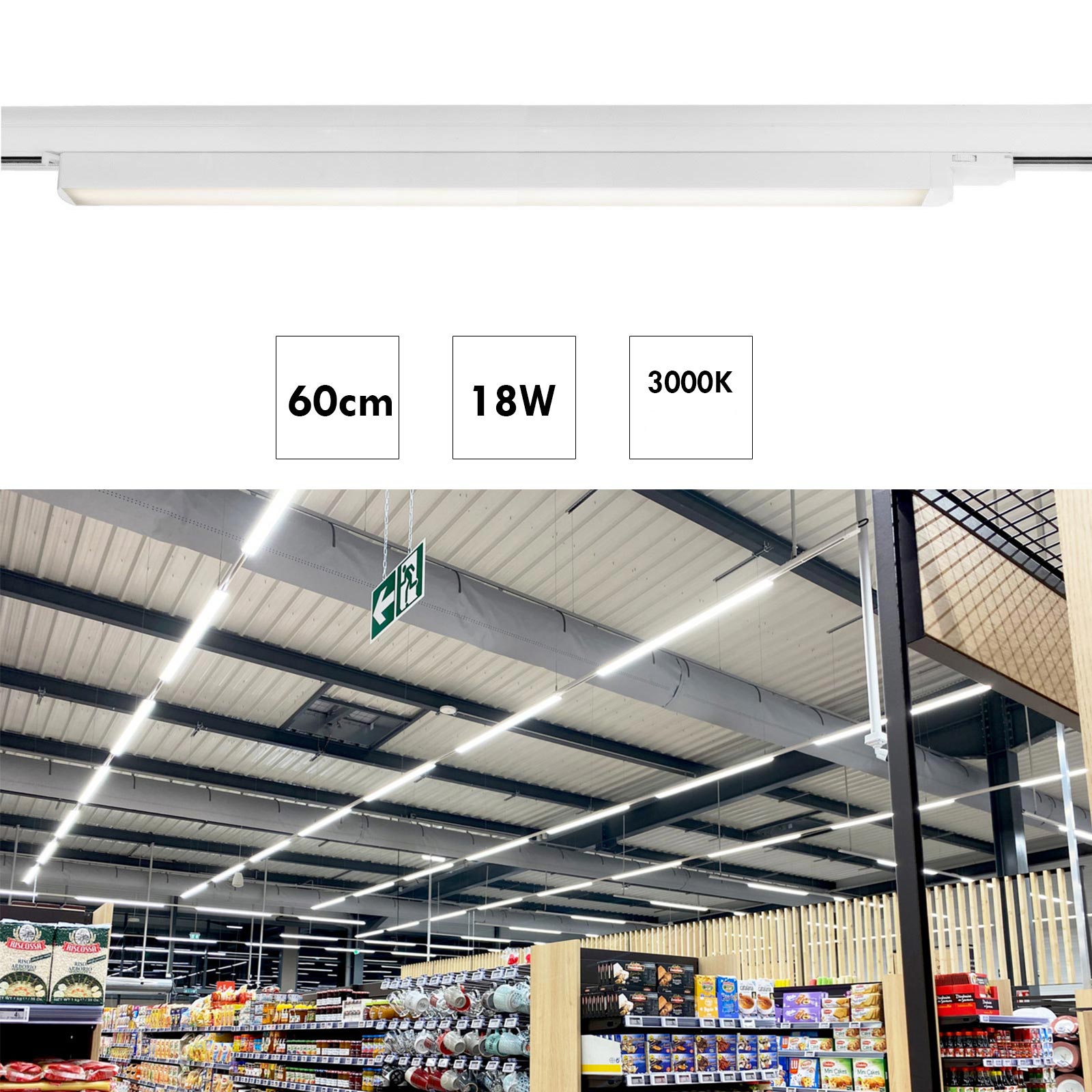 Barra LED faretto track binario trifase 18W alluminio nero bianco luce lineare negozio deposito ufficio studio 60cm  BIANCO 3000K