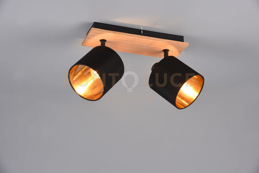 TOMMY BARRA 2 SPOTS BASE LEGNO CON PARALUMI NERO E ORO L. 30CM 2 LUCI ATTACCO E14