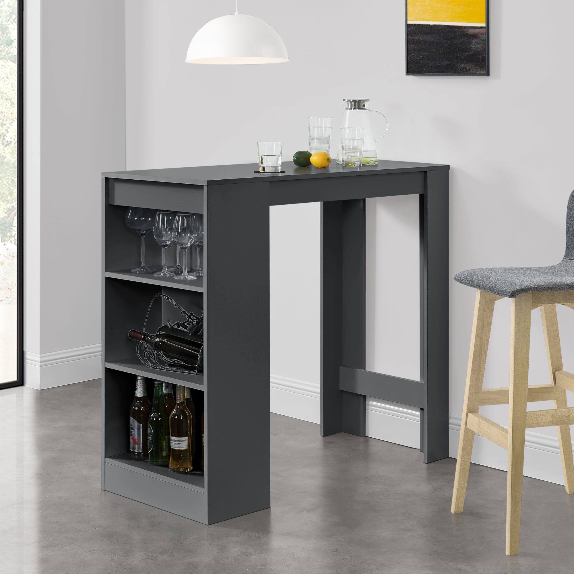 Bancone Tavolo Alto da Bar Kouvola con 3 Scomparti Aperti 110x50x103 cm - Grigio Scuro [en.casa]