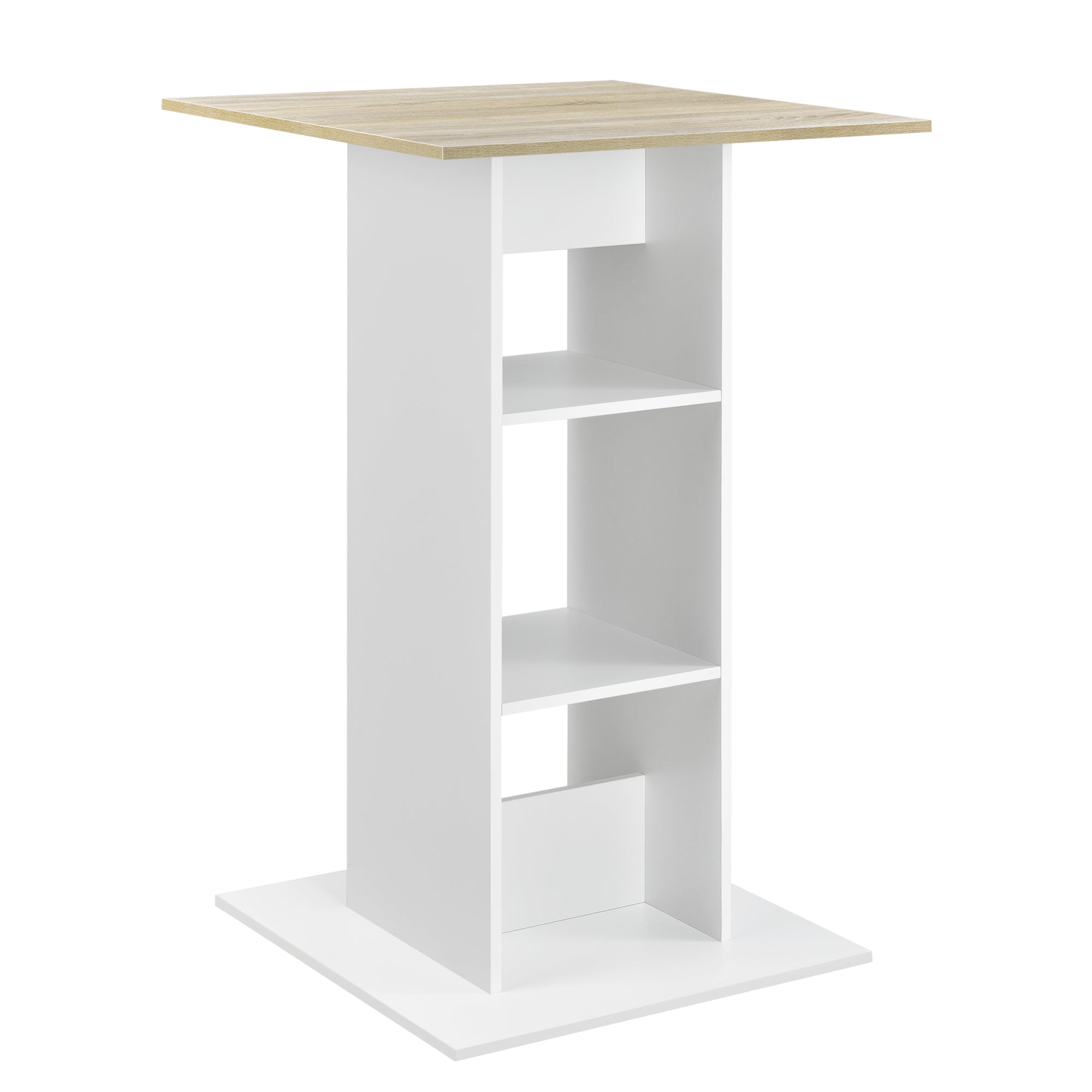 Tavolo Alto da Bar Visby con Piano Quadrato e 3 Ripiani - Bianco / Effetto Rovere [en.casa]