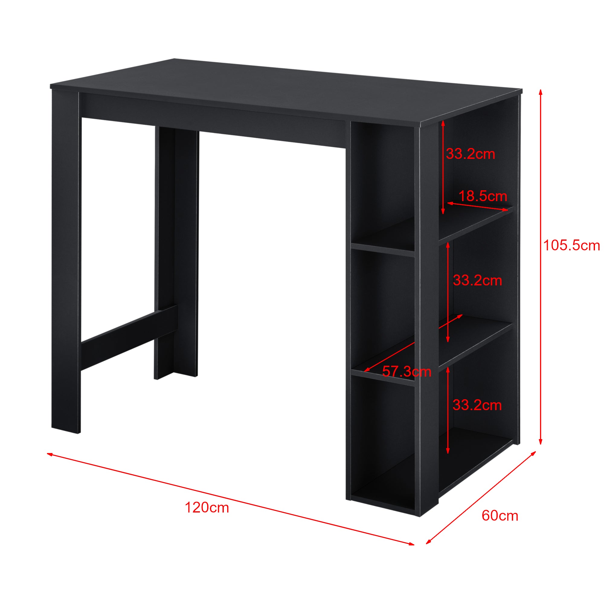 Tavolo Alto da Bar Danderyd Bancone a 3 Ripiani Laterali 120 x 60 x 106 cm - Nero [en.casa]