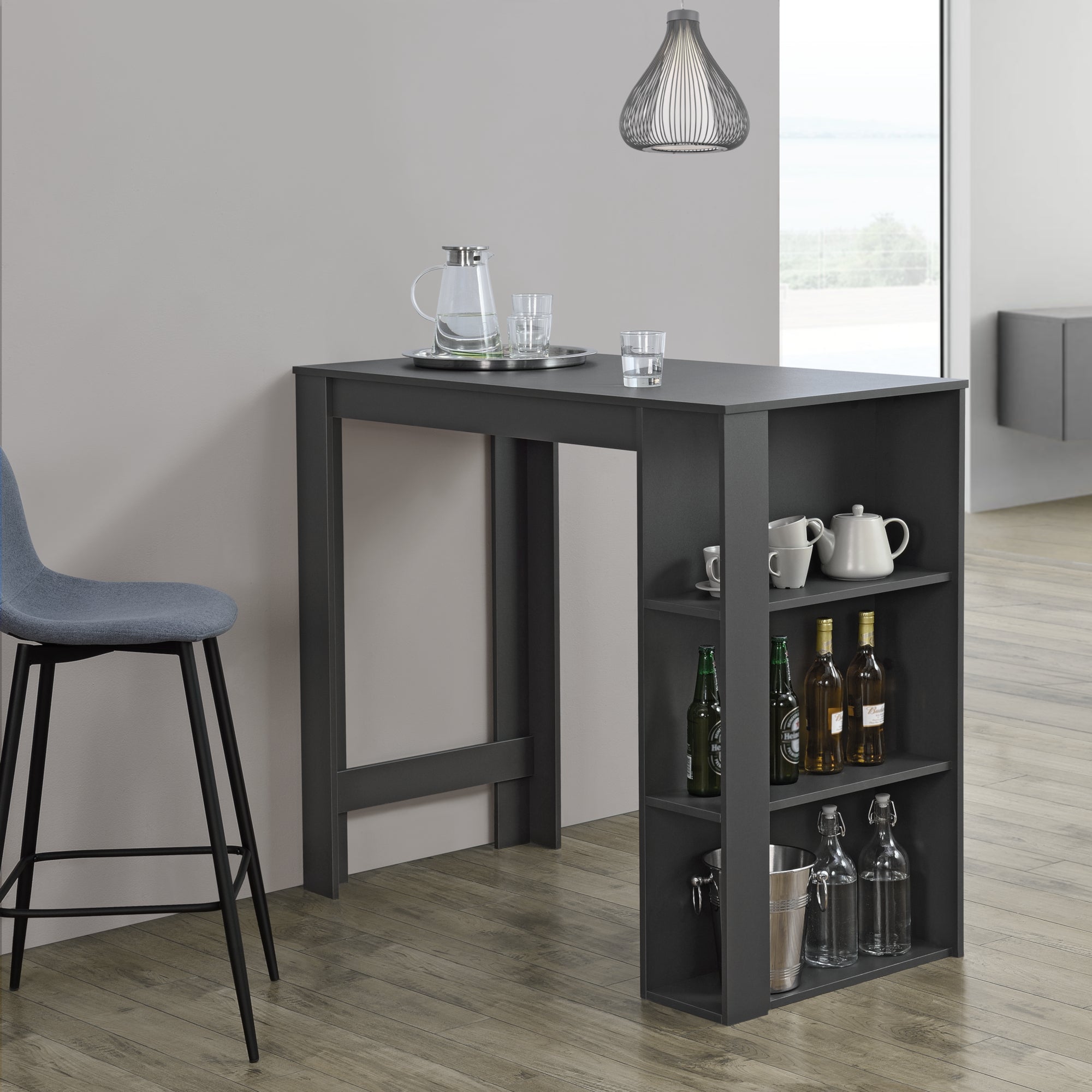 Tavolo Alto da Bar Danderyd Bancone a 3 Ripiani Laterali 120 x 60 x 106 cm - Grigio Scuro [en.casa]