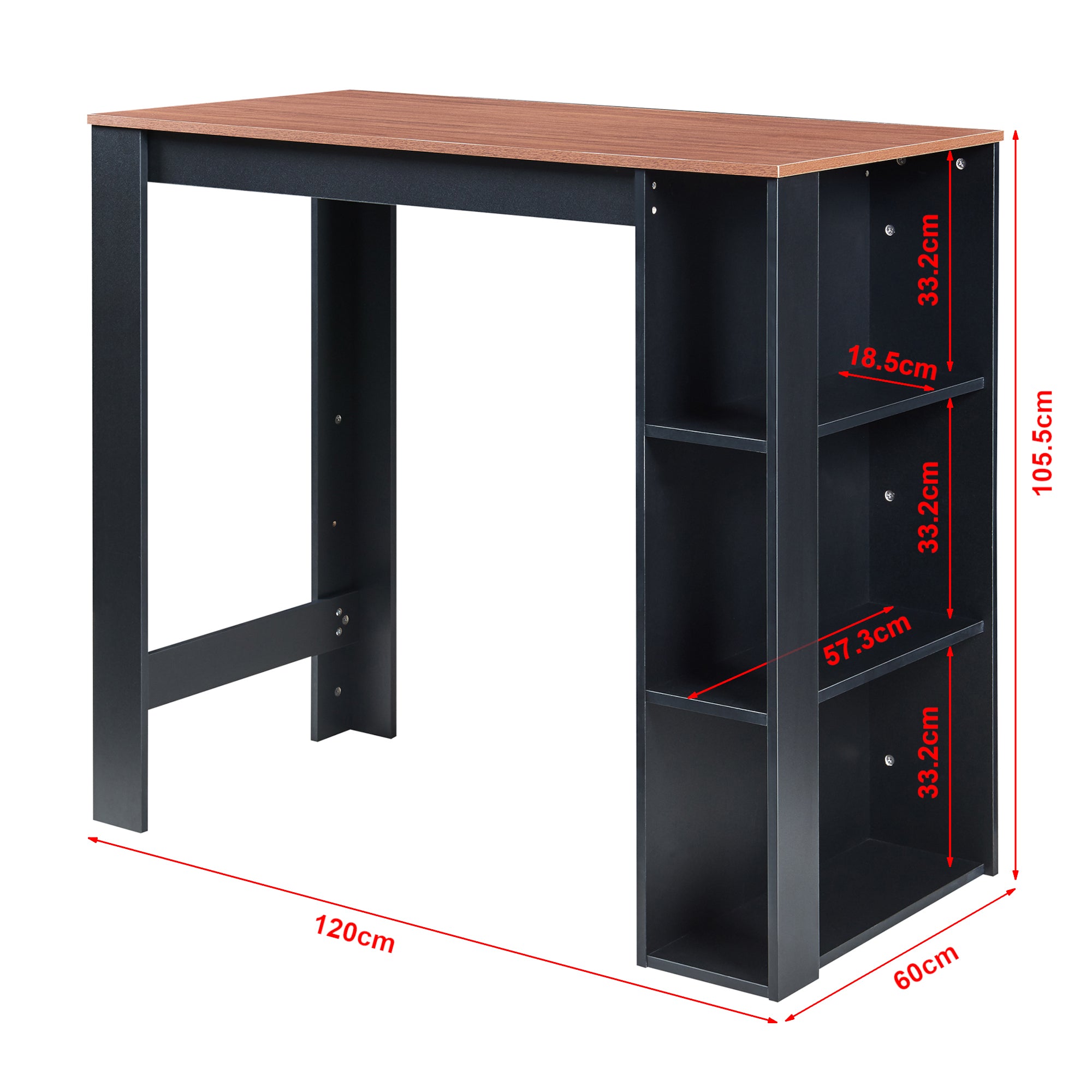 Tavolo Alto da Bar Danderyd Bancone a 3 Ripiani Laterali 120 x 60 x 106 cm - Nero / Effetto Noce [en.casa]