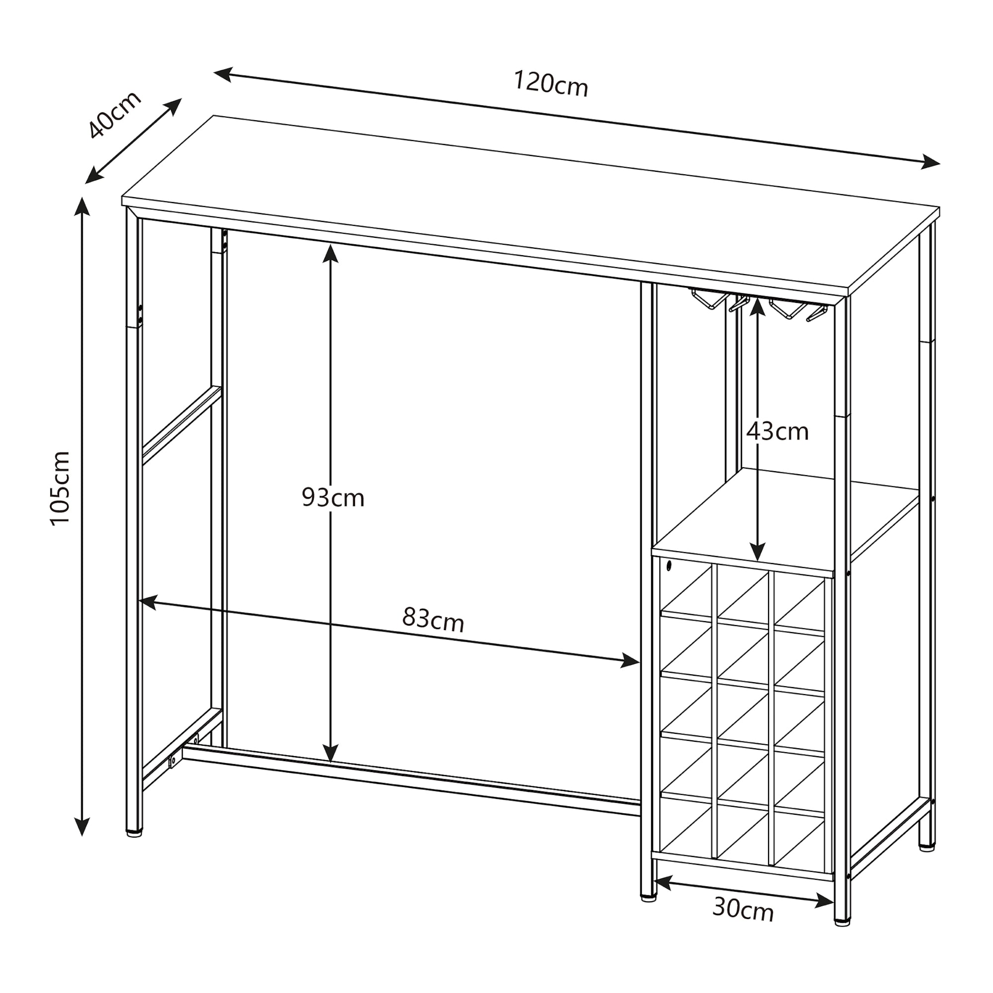 Bancone Tavolo Alto da Bar Trøndelag con Cantinetta e Portacalici - Nero / Effetto Noce [en.casa]