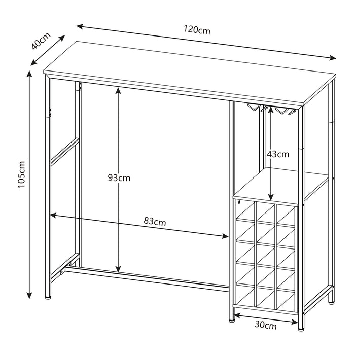Bancone Tavolo Alto da Bar Trøndelag con Cantinetta e Portacalici - Nero / Effetto Noce [en.casa]