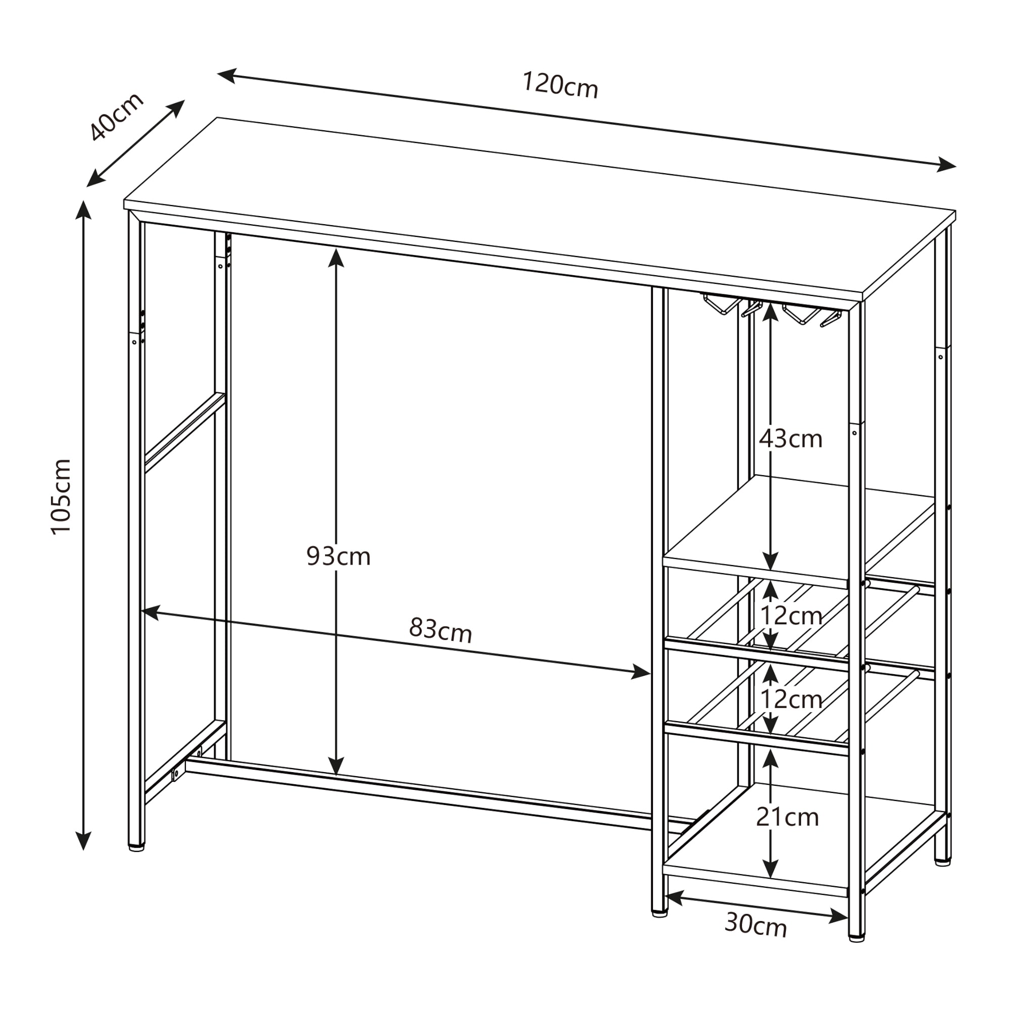 Tavolo Alto da Bar Stjørdal con Griglie per Calici e Portavino 120x40x105 cm Nero / Effetto Noce [en.casa]