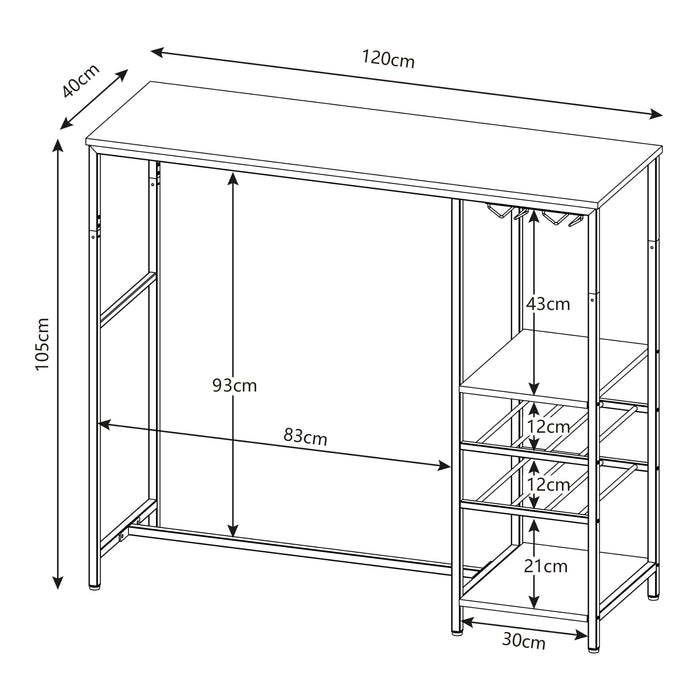 Tavolo Alto da Bar Stjørdal con Griglie per Calici e Portavino 120x40x105 cm Nero / Effetto Noce [en.casa]