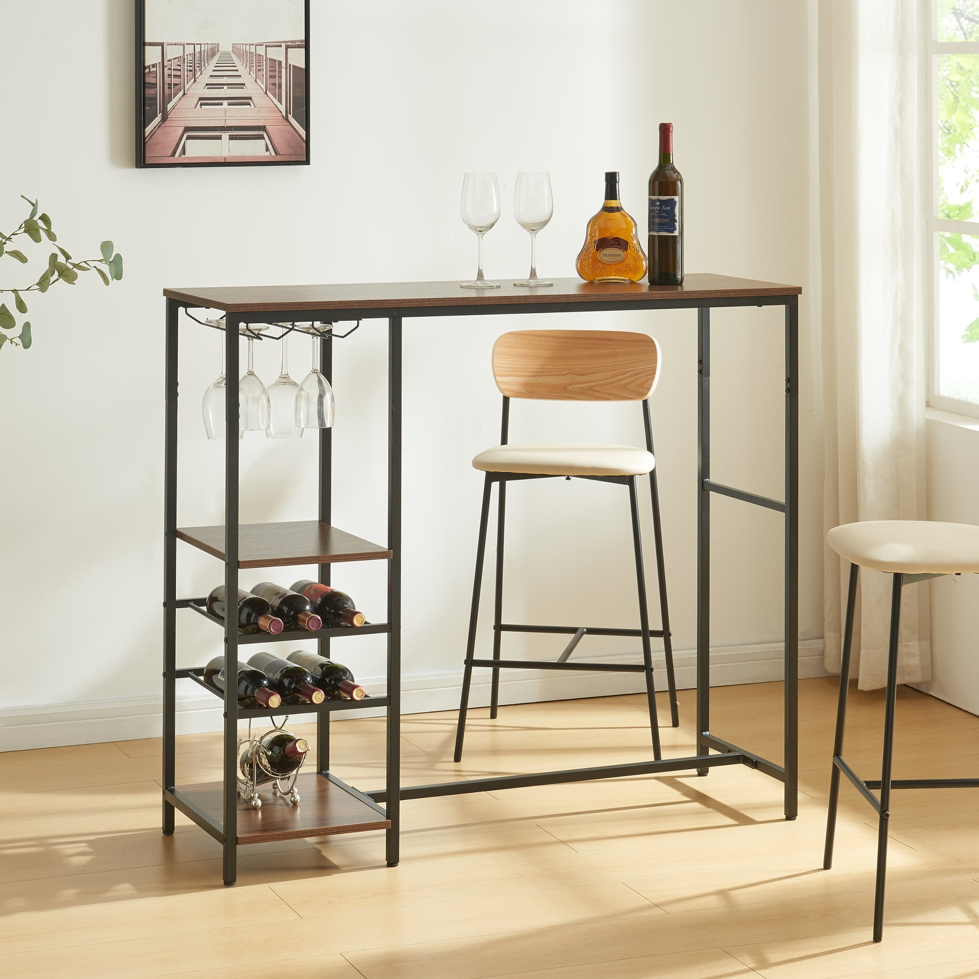 Tavolo Alto da Bar Stjørdal con Griglie per Calici e Portavino 120x40x105 cm Nero / Effetto Noce [en.casa]