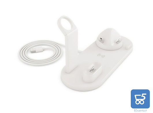 Base di Ricarica Wireless Smartphone Smartwatch Cuffie Multifunzione Bianca