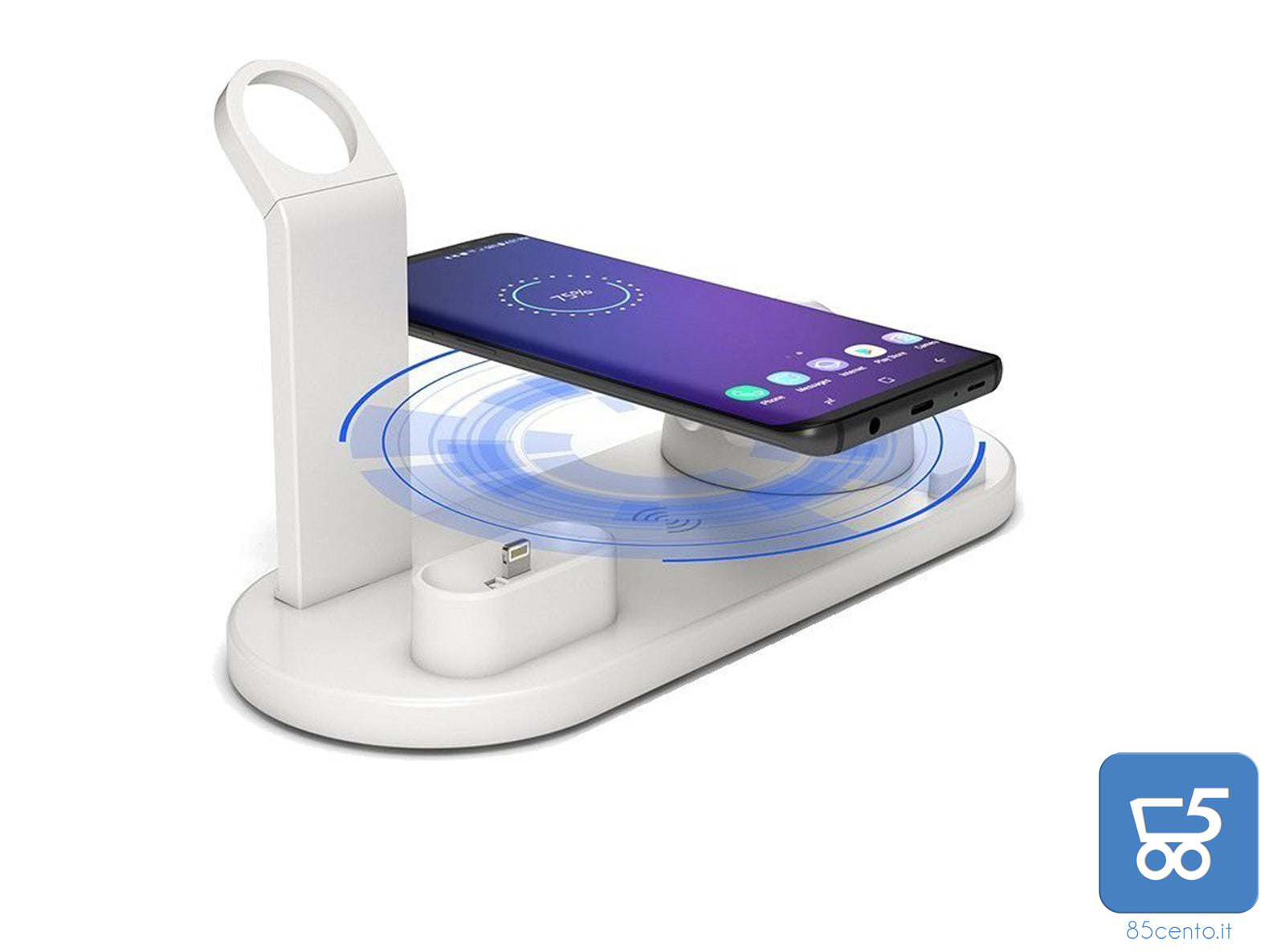 Base di Ricarica Wireless Smartphone Smartwatch Cuffie Multifunzione Bianca