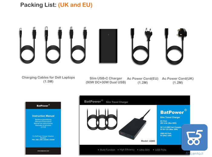 BatPower A90D 120W Slim Caricabatterie sostitutivo compatibile HP con USB QC Ricarica rapida