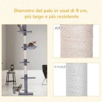 Albero Tiragraffi a 4 Livelli ad Altezza Regolabile, in Truciolato, Peluche e Sisal, 40x34x230-260 cm, Grigio