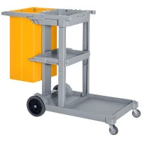 Carrello Pulizie Professionale con 3 Ripiani, Ganci Portascopa, 4 Ruote e Sacco 100L, Arancione 121 x 50.5 x 96.5cm
