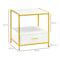 Set di 2 Comodini Moderni con Cassetto e Ripiano Aperto, 50x40x55cm, Bianco e Oro