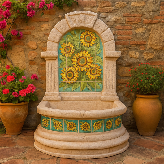 Fontana spagnola modello girasoli maiolica h120xl80xp45 cm cemento effetto pietra