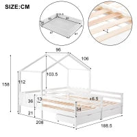 Letto a Casetta con 2 Cassetti su Ruote, Letto per Cameretta, Rete a Doghe, Senza Materasso, in Legno, 200×90 cm, Bianco