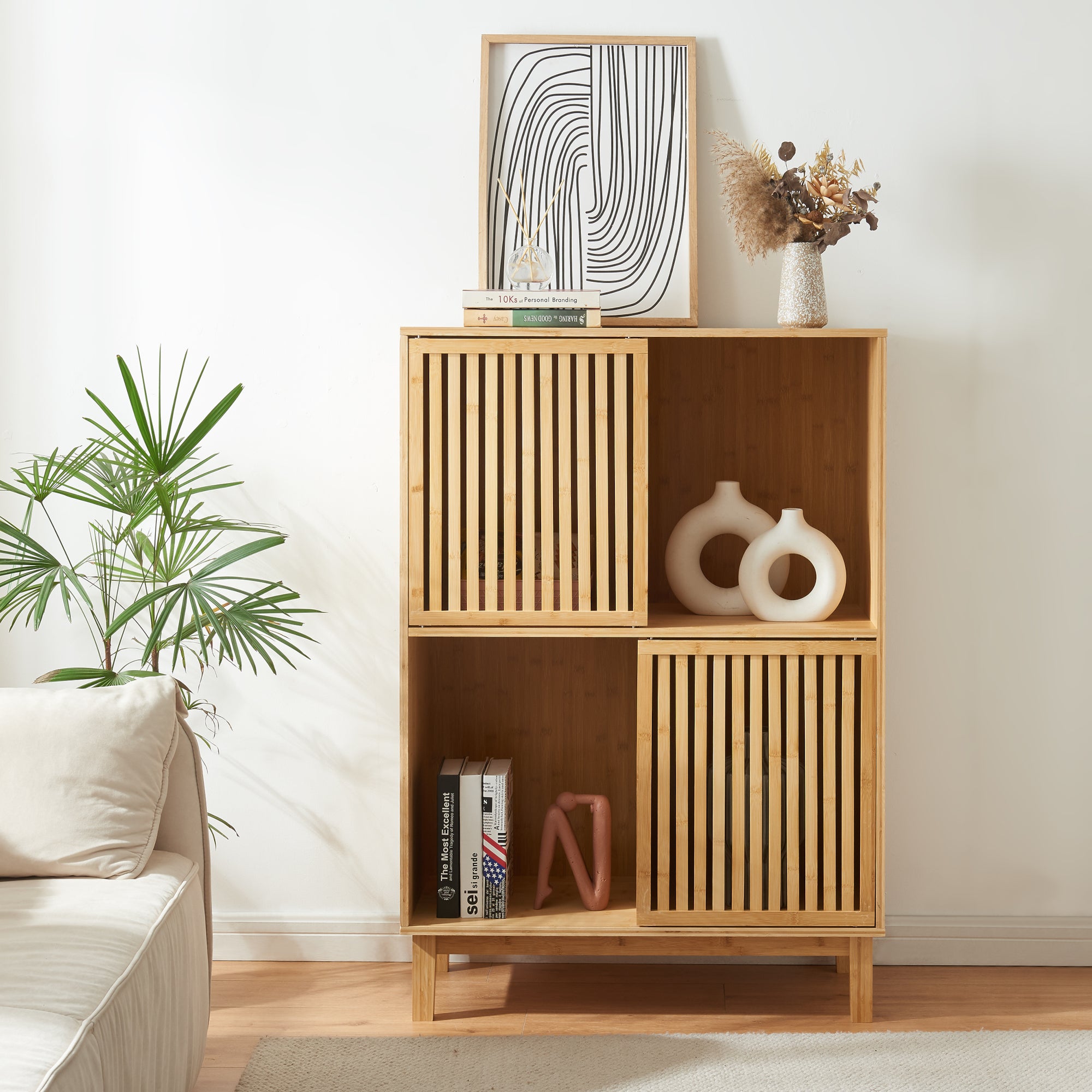 Libreria Bassa Ypäjä in Bambù con Sportelli Scorrevoli 120x84x39 cm [en.casa]