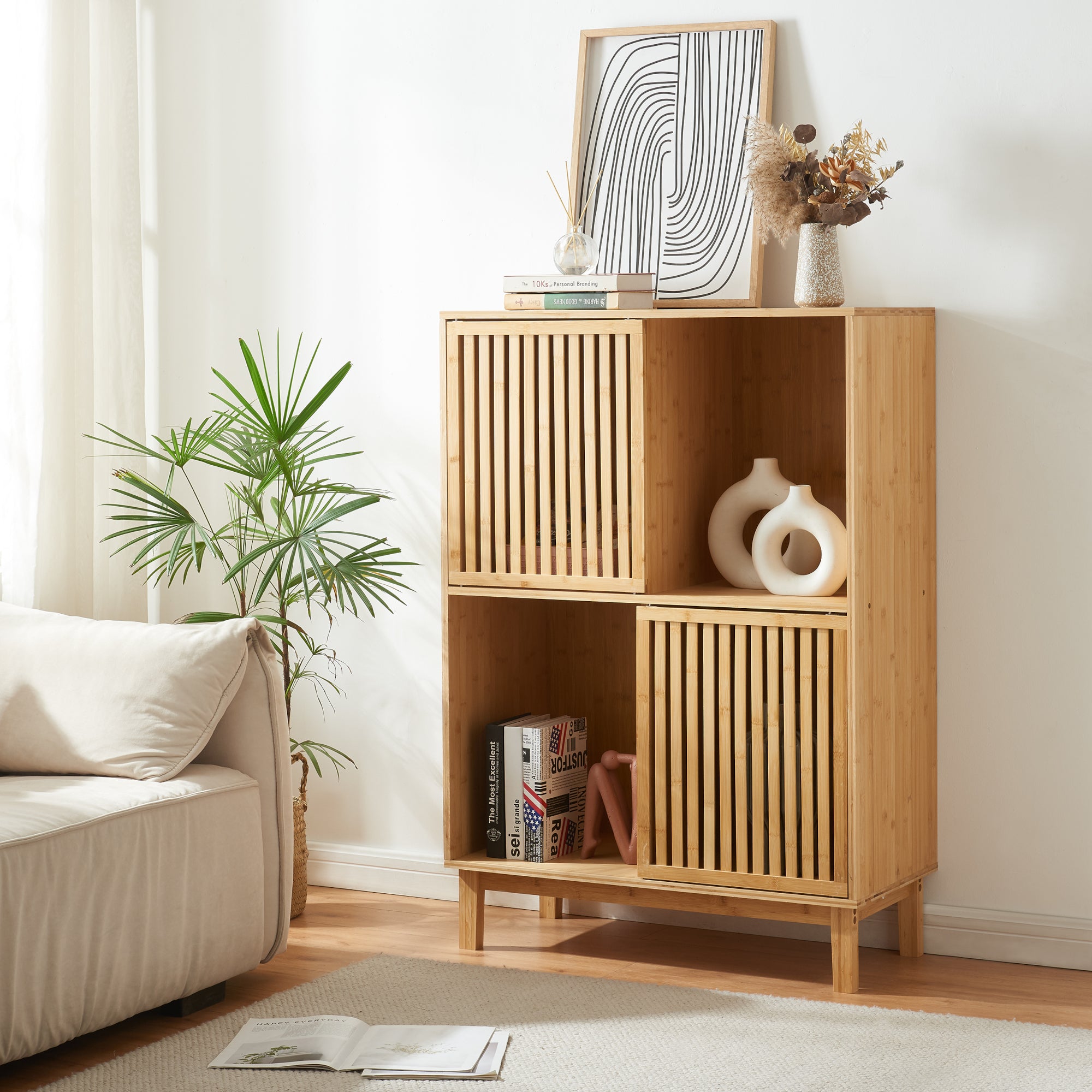 Libreria Bassa Ypäjä in Bambù con Sportelli Scorrevoli 120x84x39 cm [en.casa]