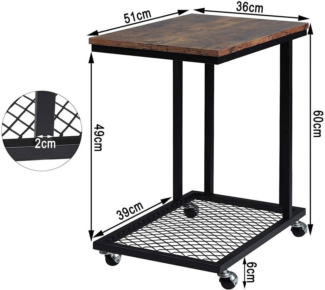 Tavolino laterale vintage in MDF marrone e metallo su ruote 19_0000119