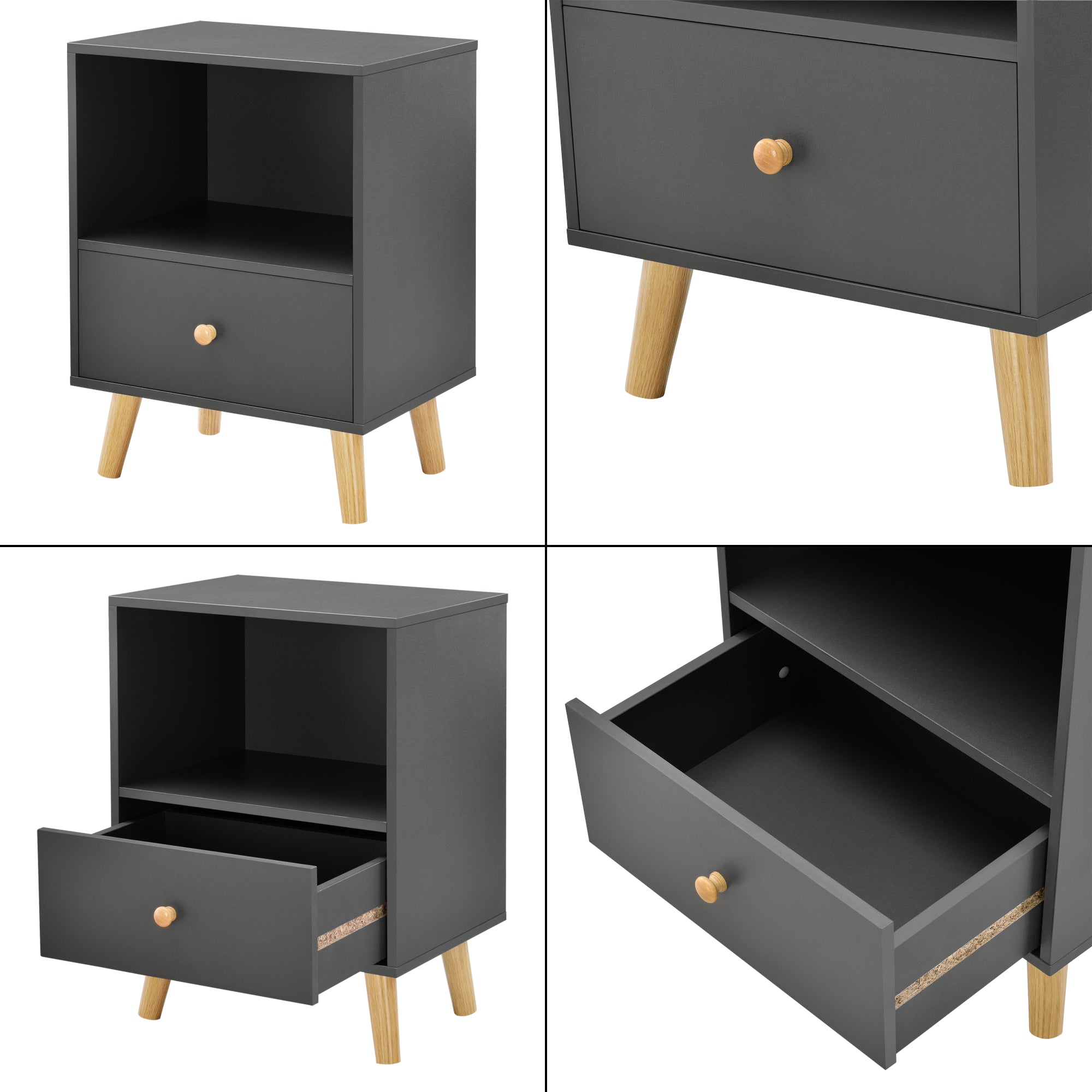 Set di 2 Comodini Sundsvall con Cassetto e Scomparto - Grigio scuro [en.casa]