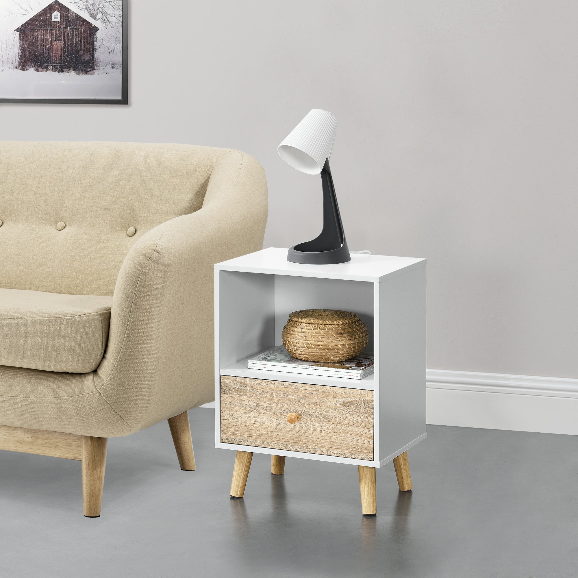 Set di 2 Comodini Sundsvall con Cassetto e Scomparto - Bianco / Effetto Rovere [en.casa]