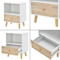 Set di 2 Comodini Sundsvall con Cassetto e Scomparto - Bianco / Effetto Rovere [en.casa]