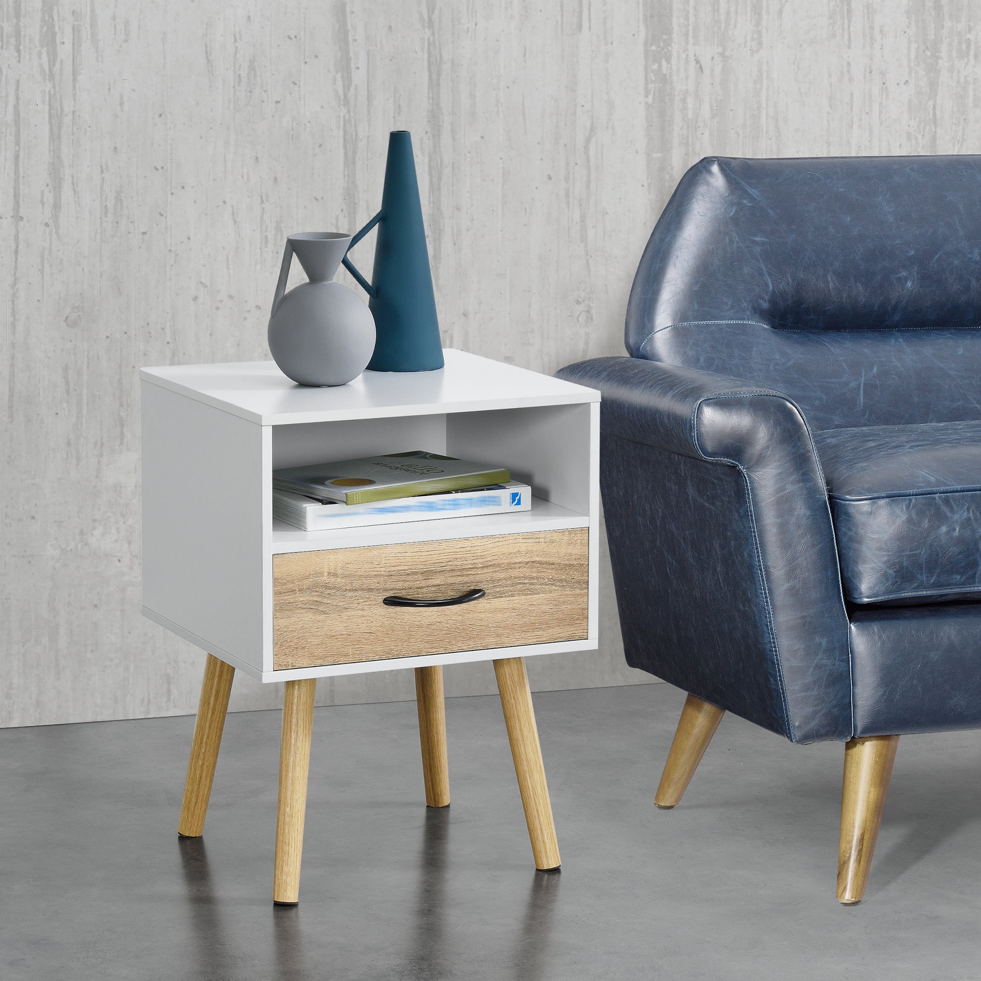 Set Gävle di 2 Comodini con Cassetto e Scomparto - Bianco / Effetto Rovere [en.casa]