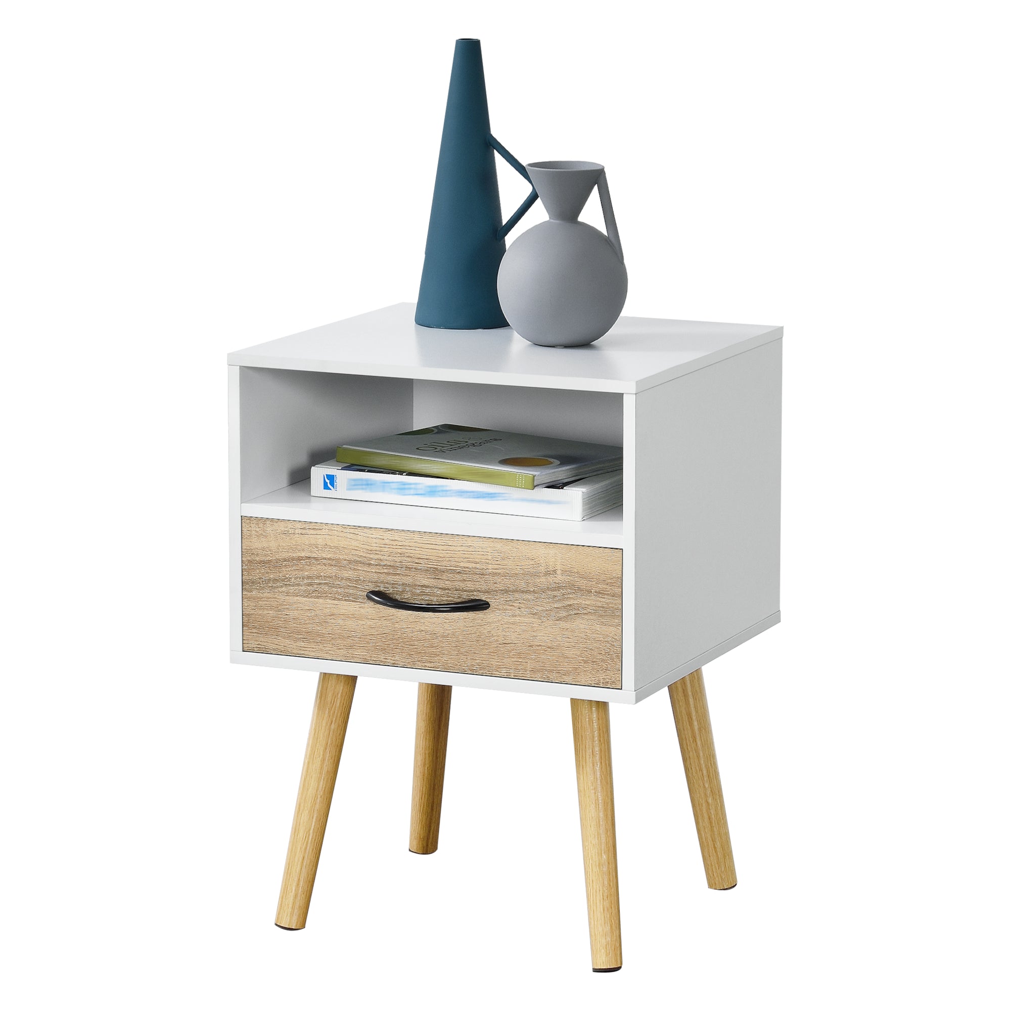 Comodino Gävle con Cassetto e Scomparto Aperto - Bianco / Effetto Rovere [en.casa]